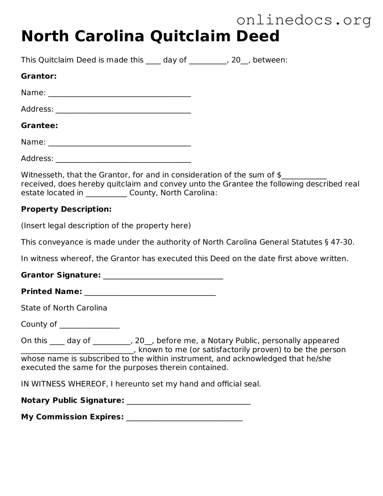 Fillable  Quitclaim Deed Form for North Carolina