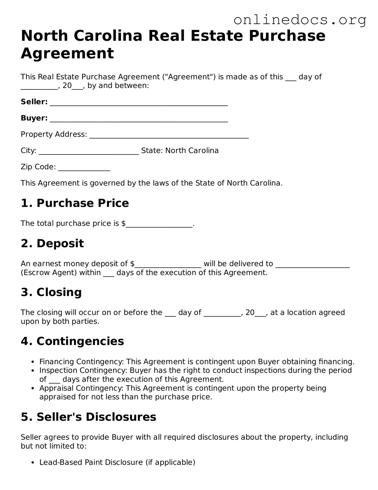 Fillable  Real Estate Purchase Agreement Form for North Carolina