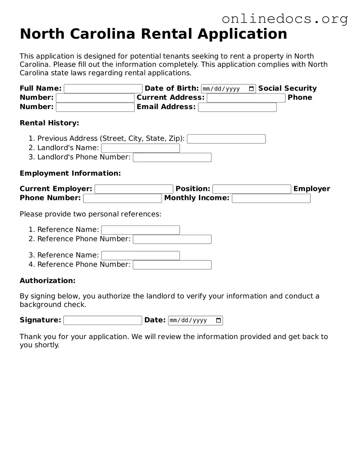 Fillable  Rental Application Form for North Carolina