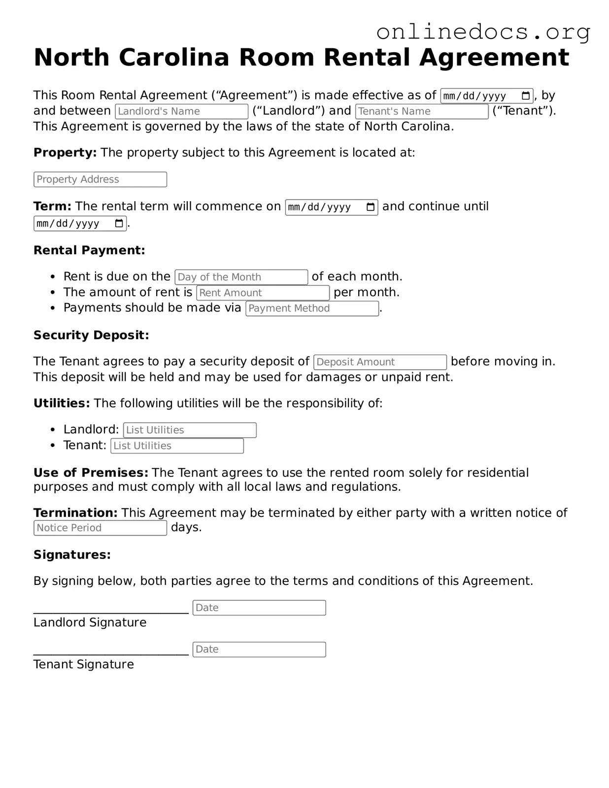 Fillable  Room Rental Agreement Form for North Carolina