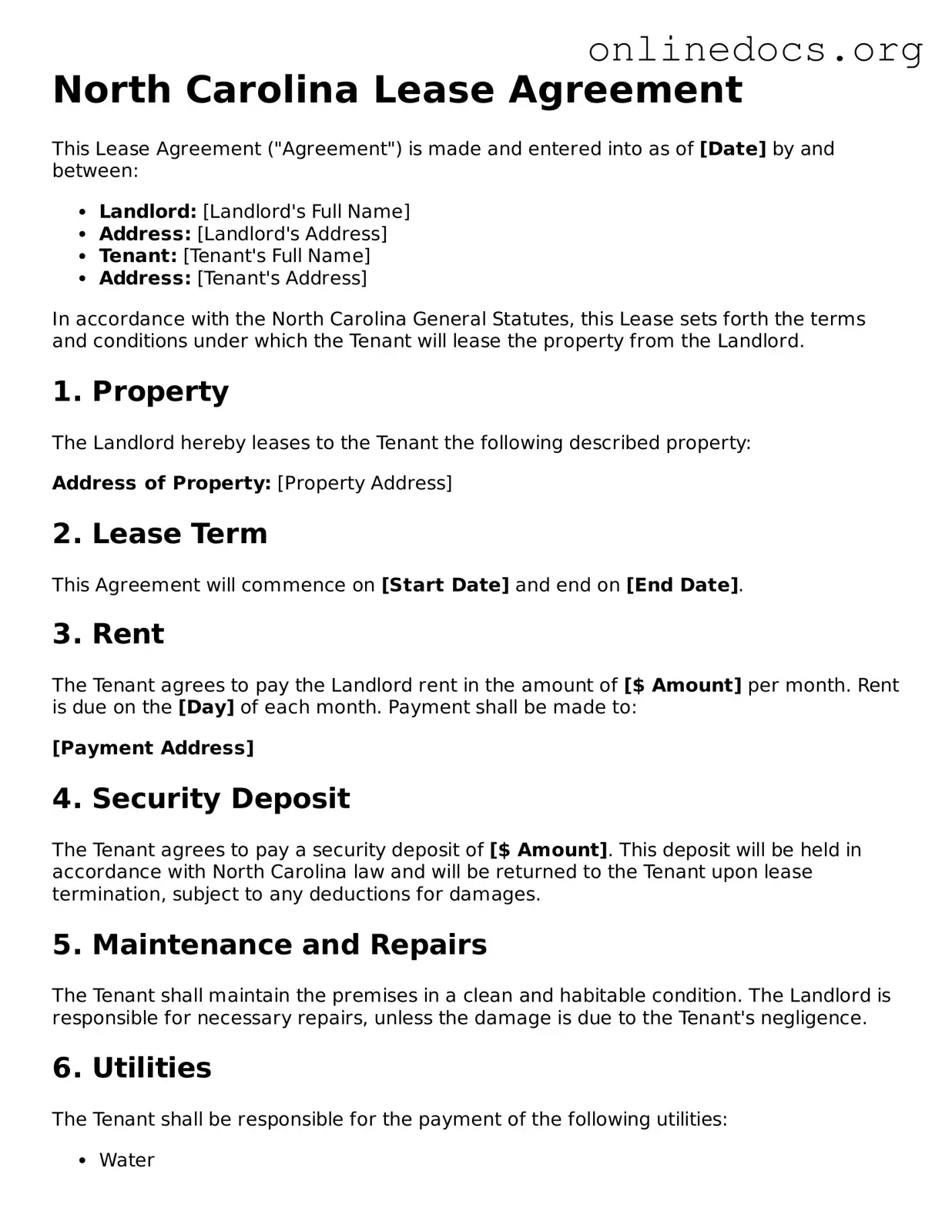 Fillable  Lease Agreement Form for North Carolina