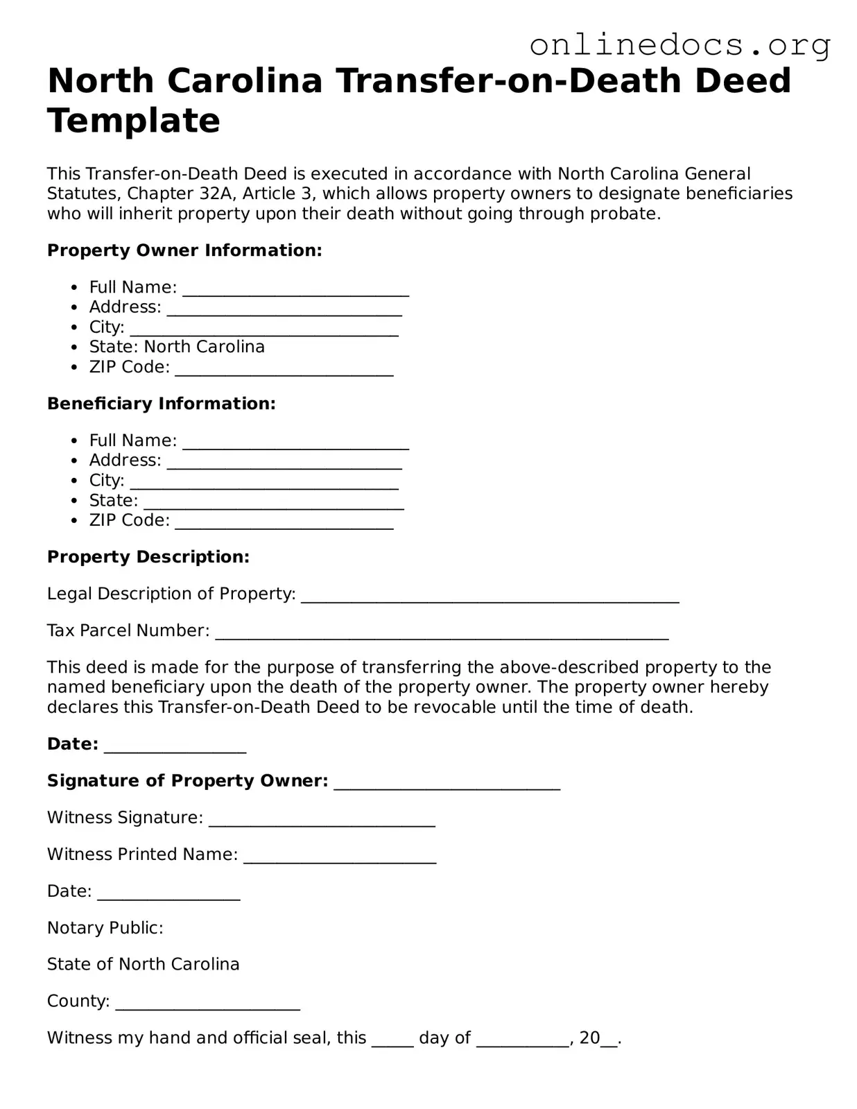 Fillable  Transfer-on-Death Deed Form for North Carolina