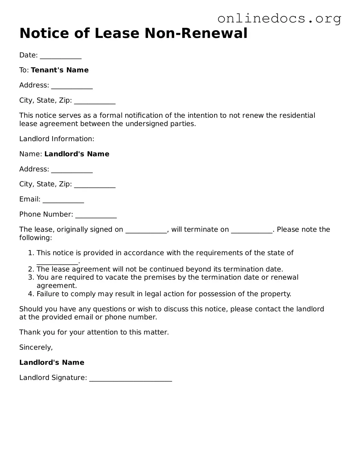 Printable Notice of Lease Non-Renewal Form