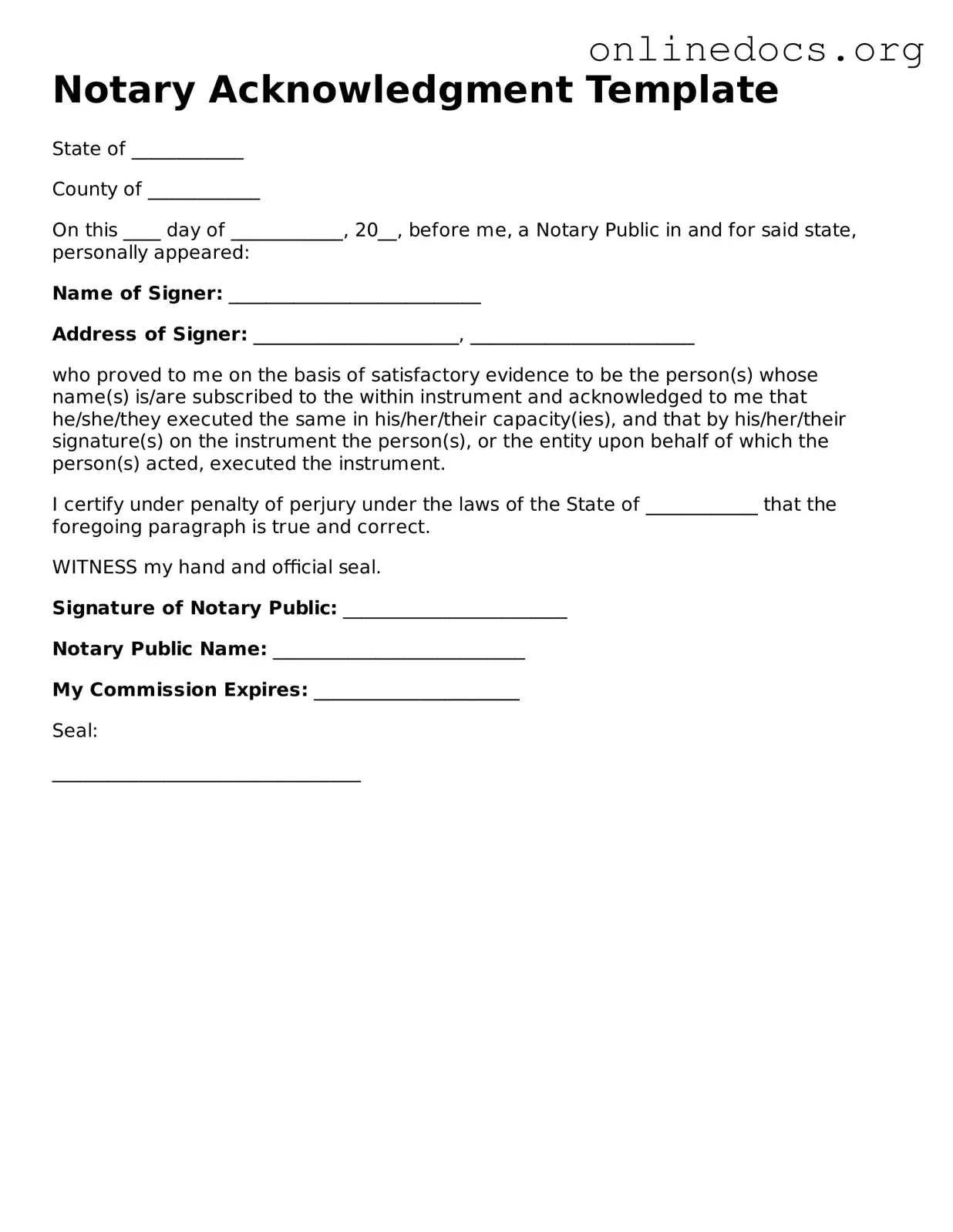 Printable Notary Acknowledgement Form
