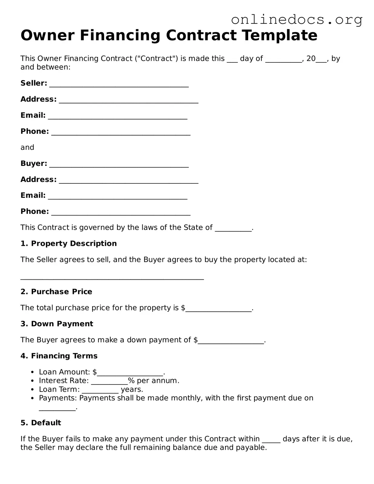 Printable Owner Financing Contract Form