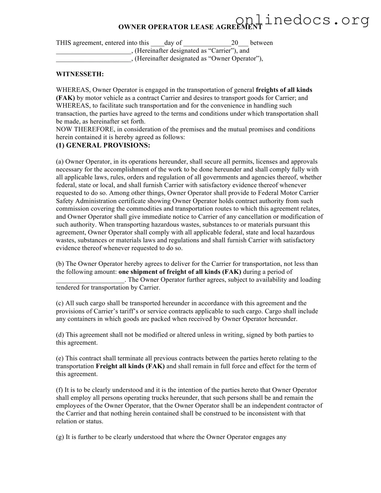 Owner Operator Lease Agreement PDF Form