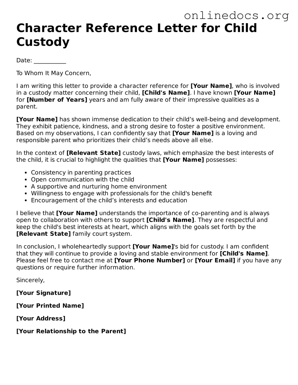 Printable Character Reference Letter for Child Custody Form