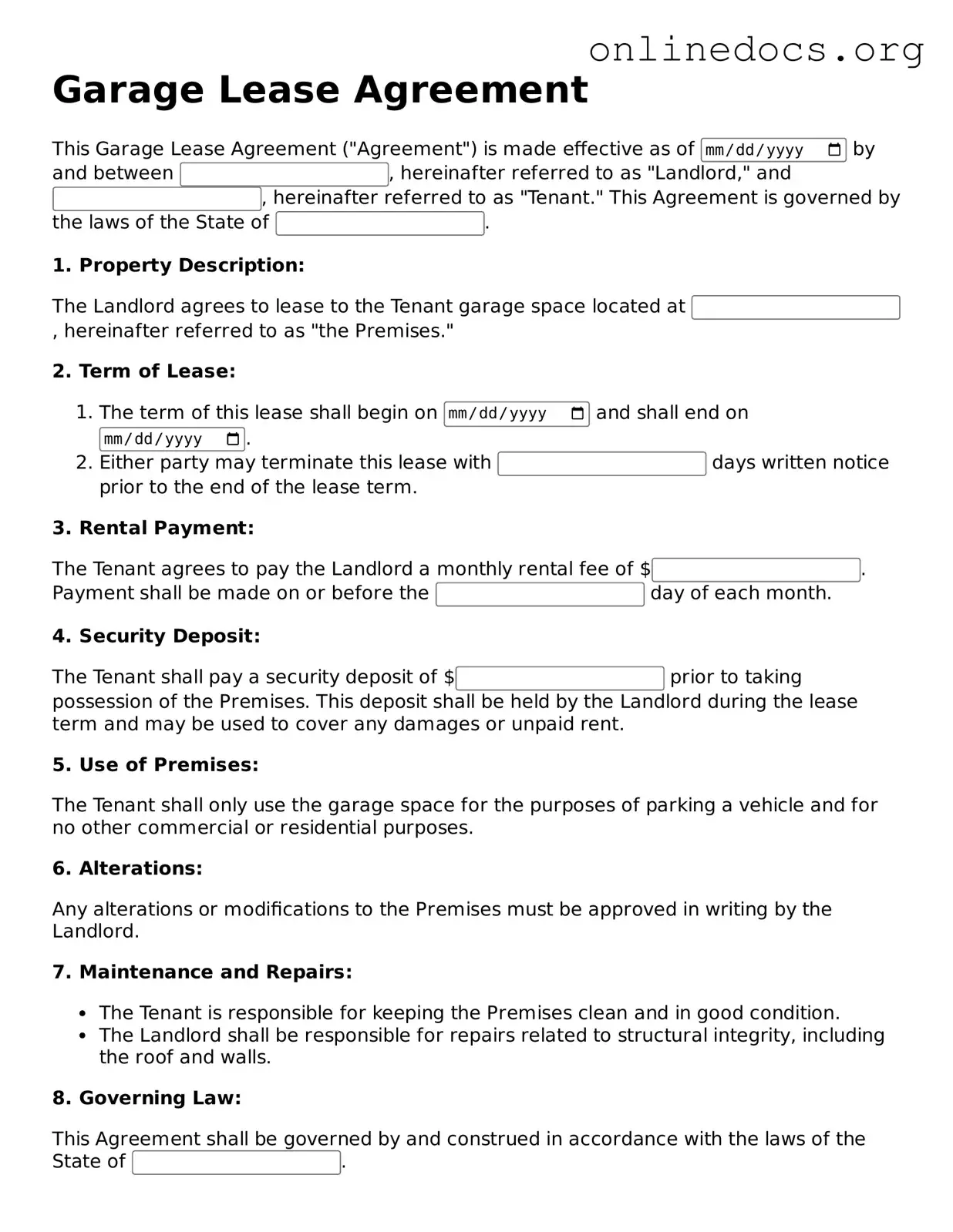Printable Garage Lease Agreement Form