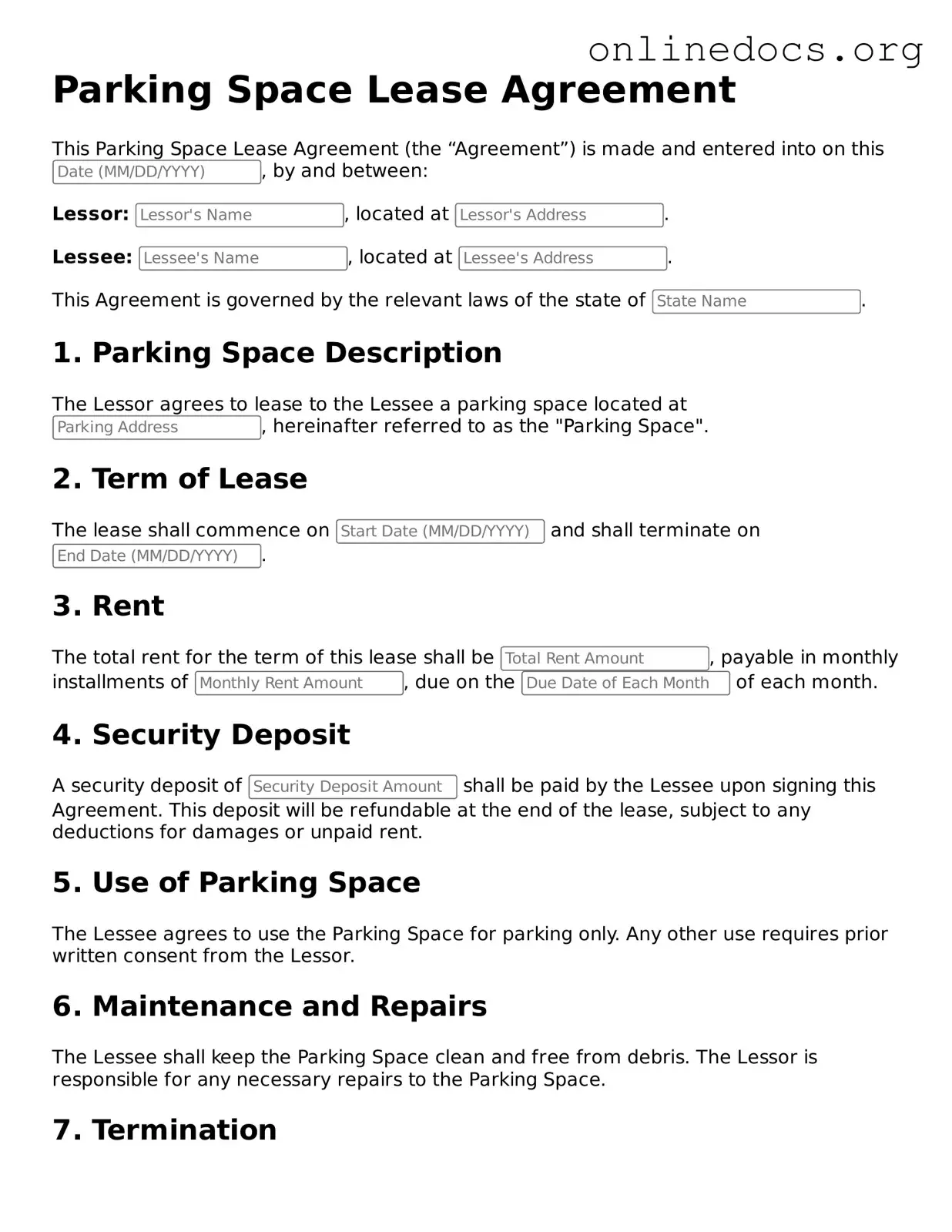 Printable Parking Space Lease Agreement Form