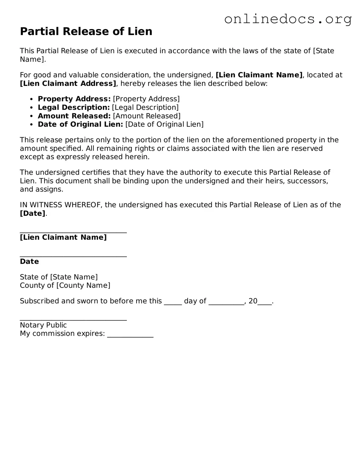 Printable Partial Release of Lien Form