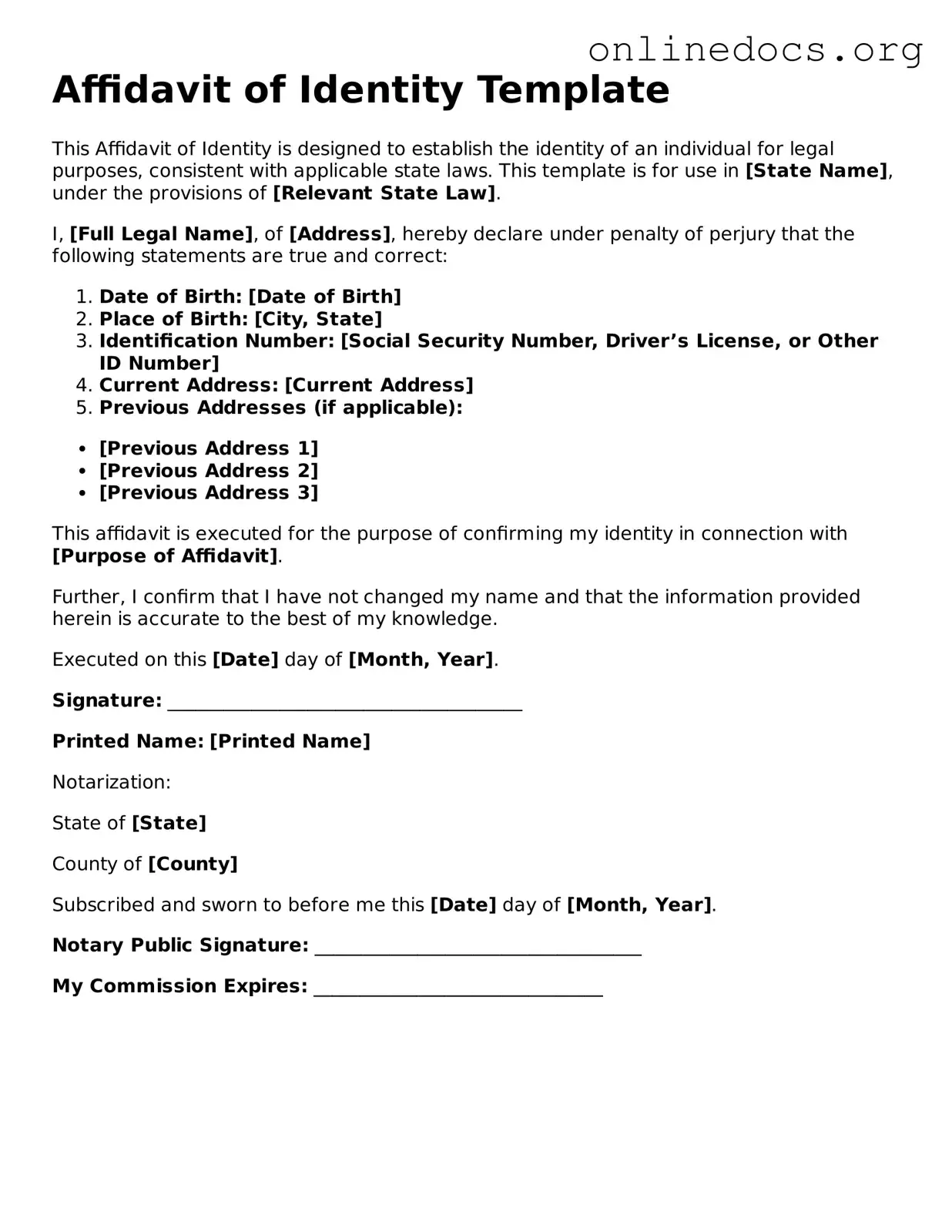 Printable Affidavit of Identity Form
