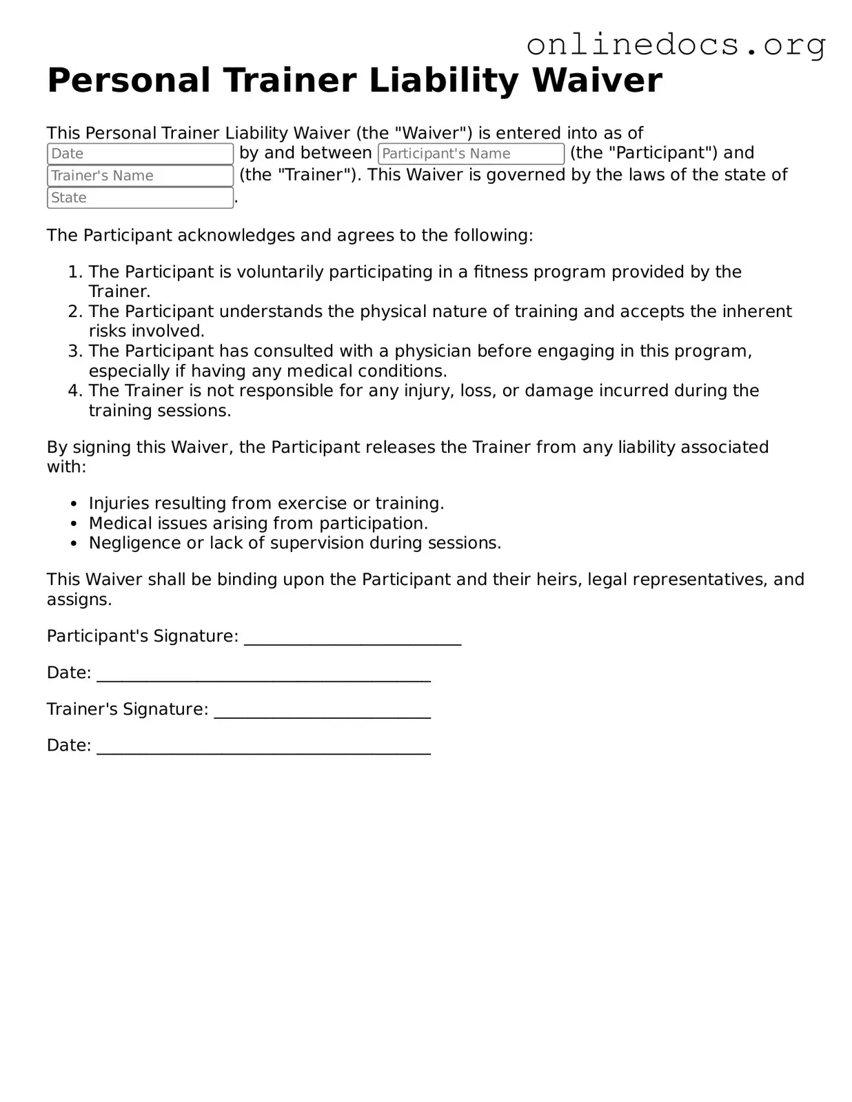 Printable Personal Trainer Liability Waiver Form