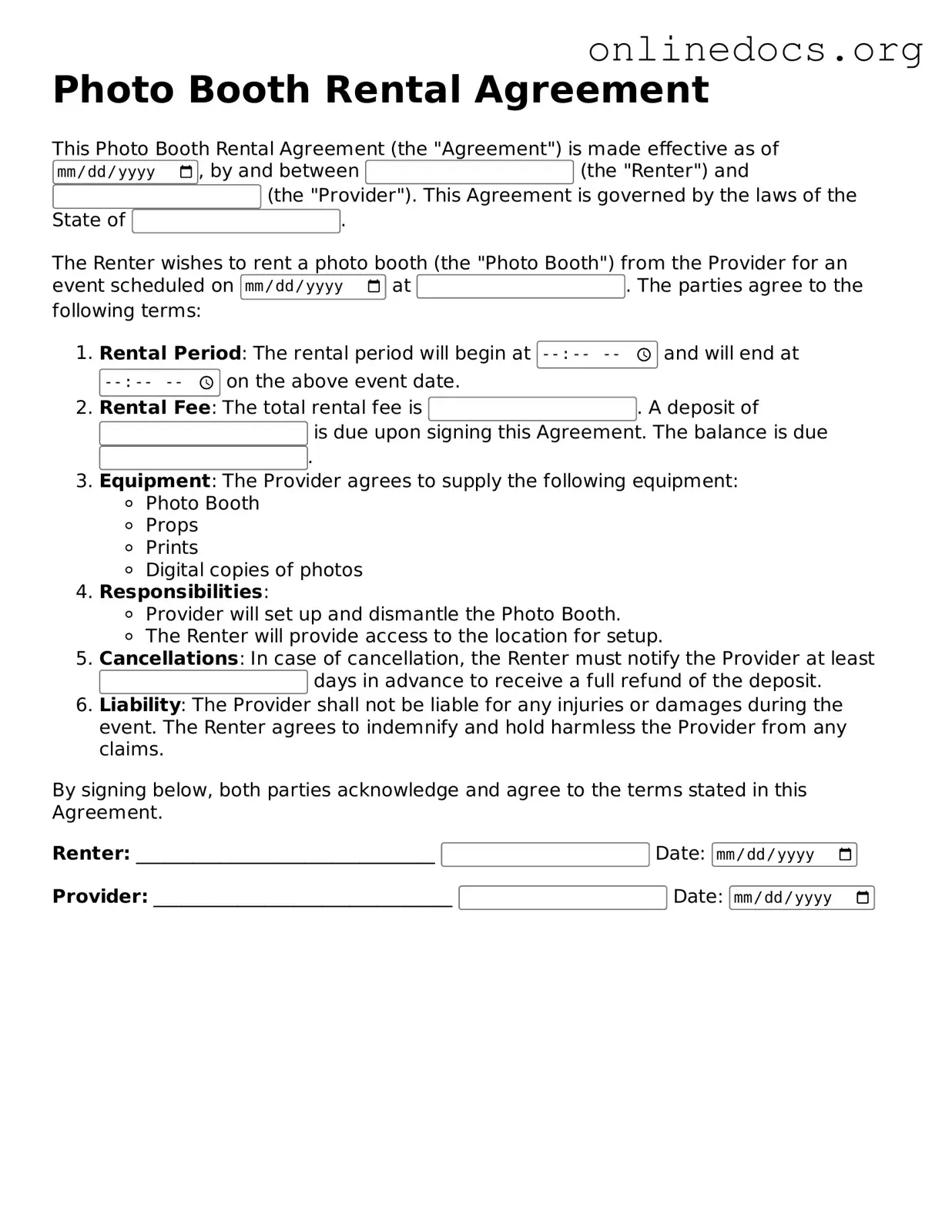 Printable Photo Booth Rental Agreement Form