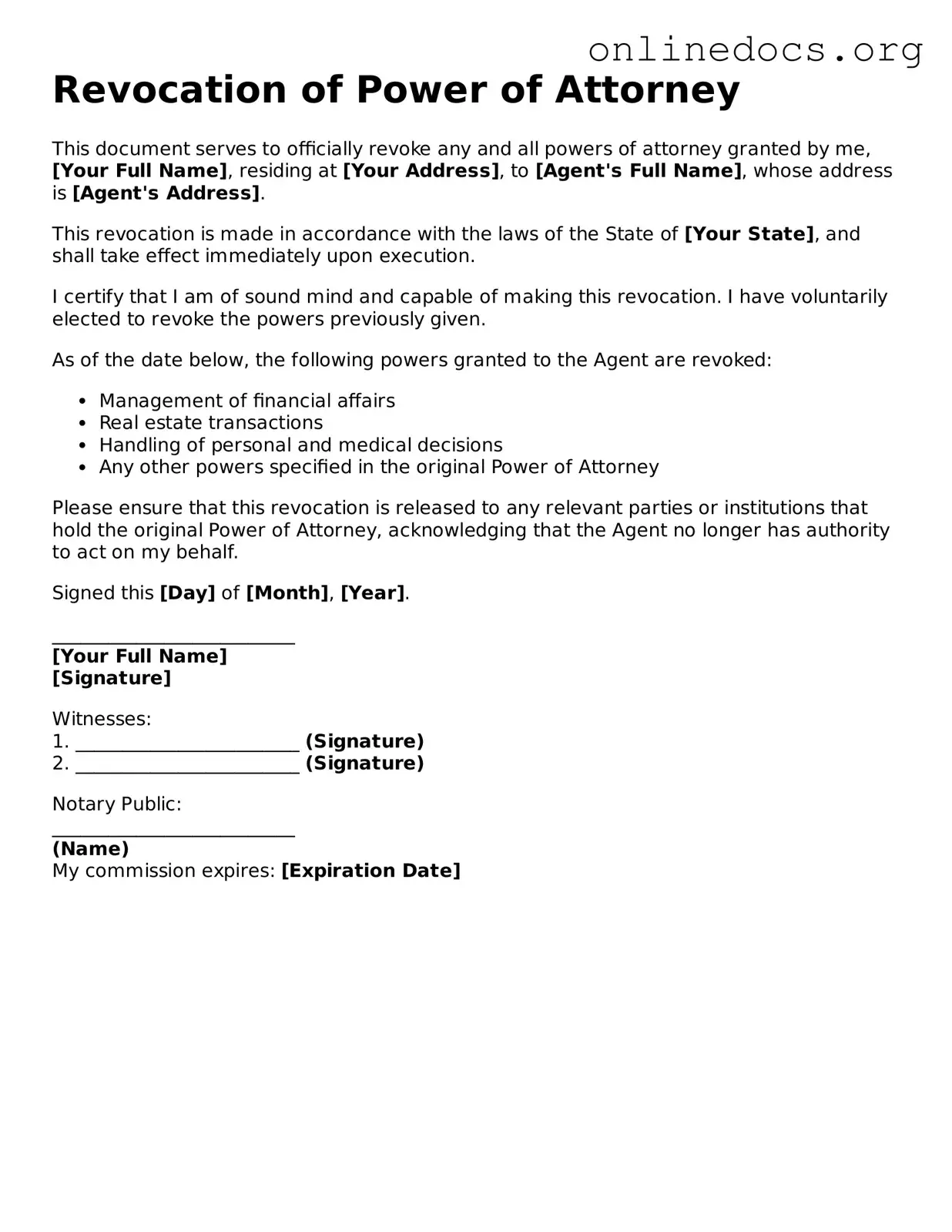 Printable Revocation of Power of Attorney Form