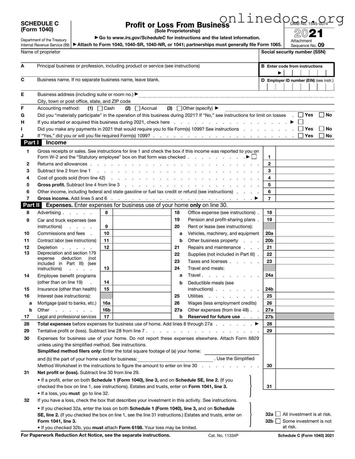 IRS Schedule C 1040 PDF Form