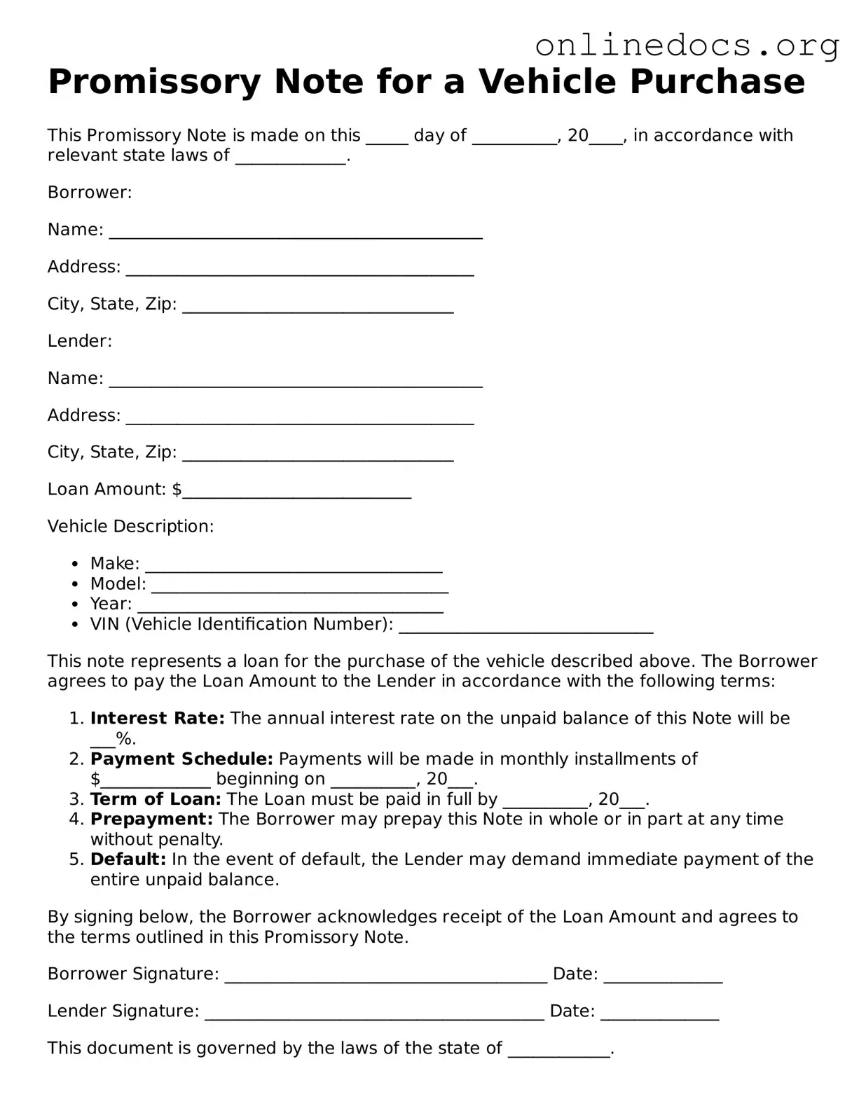 Printable Promissory Note for a Car Form