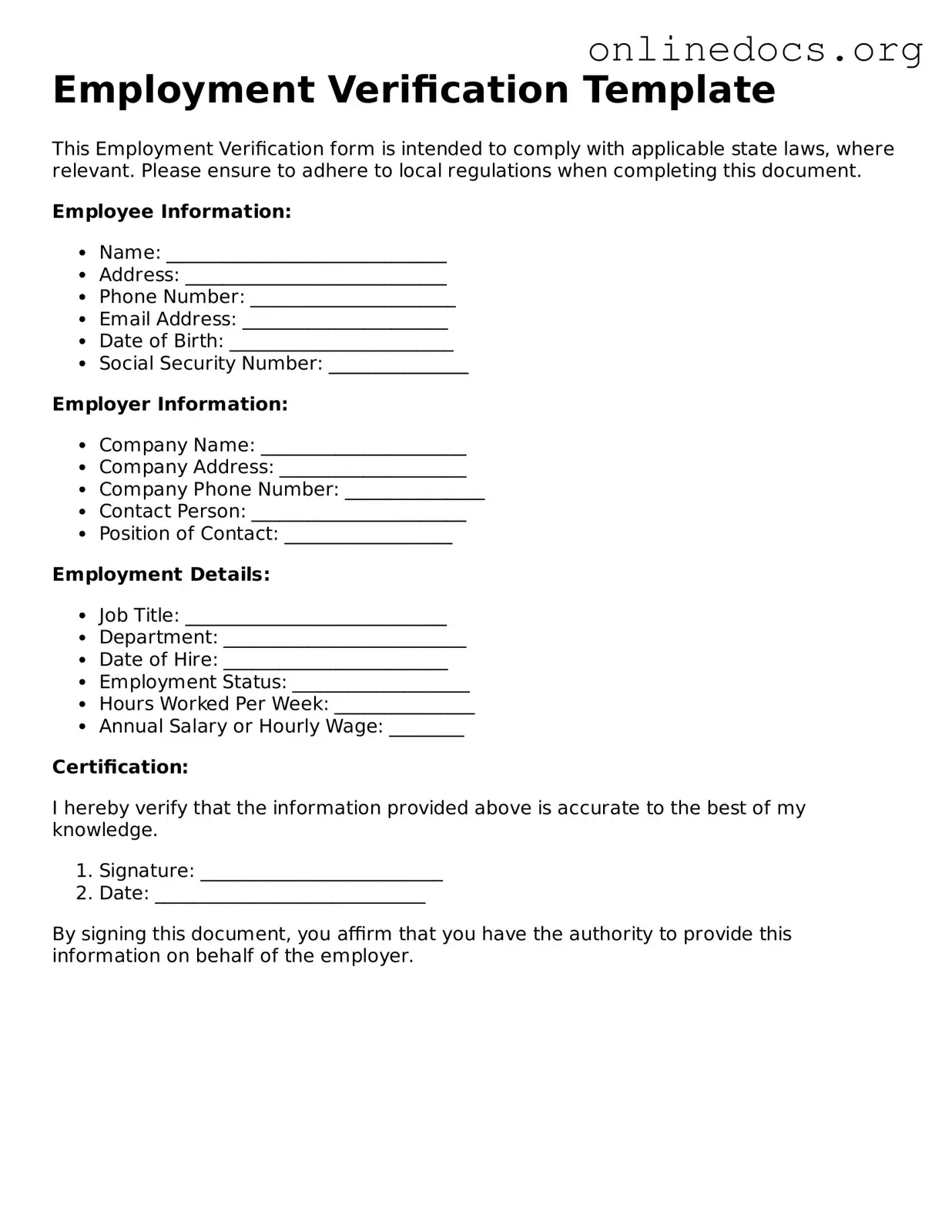 Printable Employment Verification Form