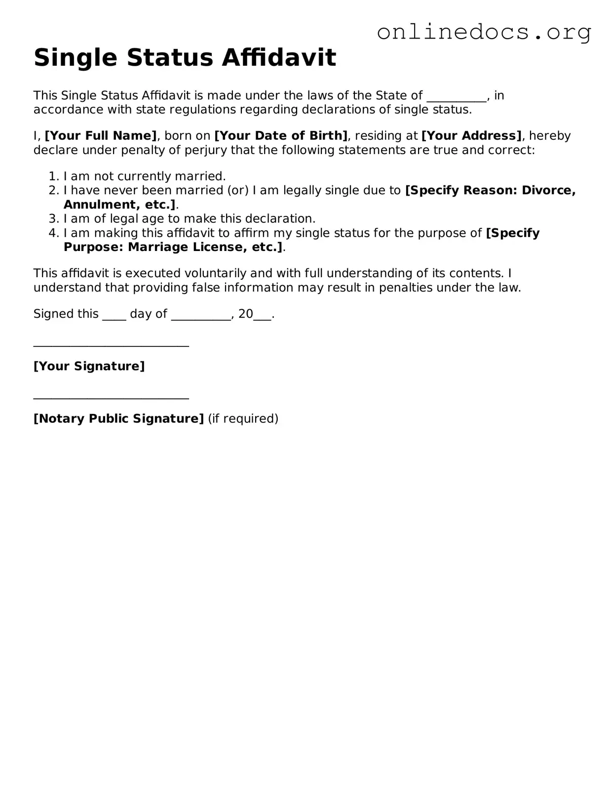 Printable Single Status Affidavit Form