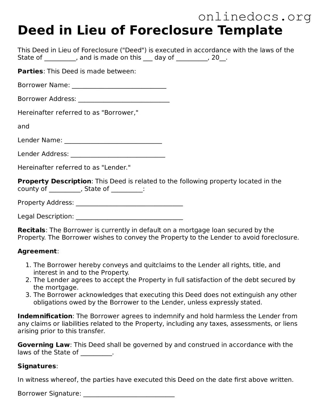 Printable Deed in Lieu of Foreclosure Form