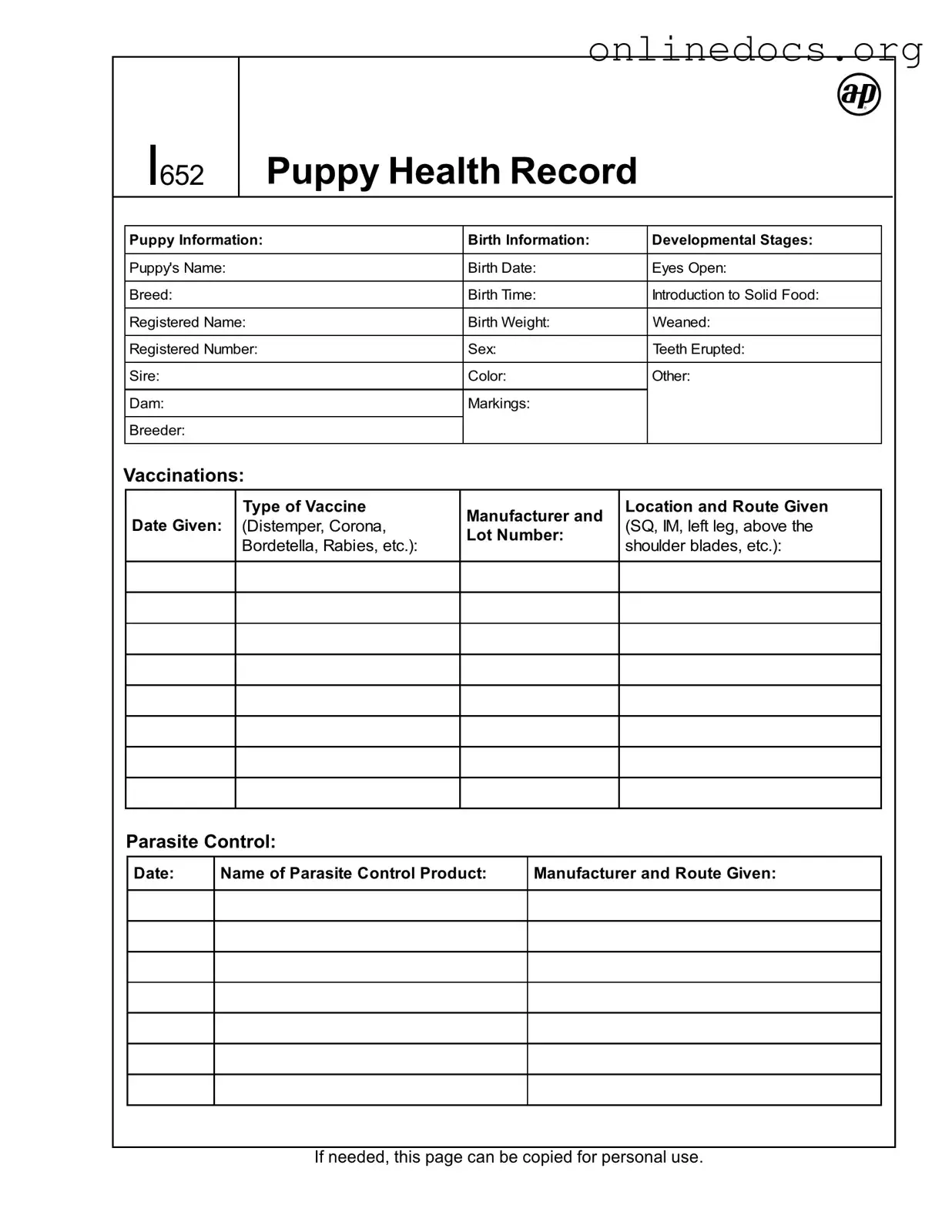 Puppy Health Record PDF Form