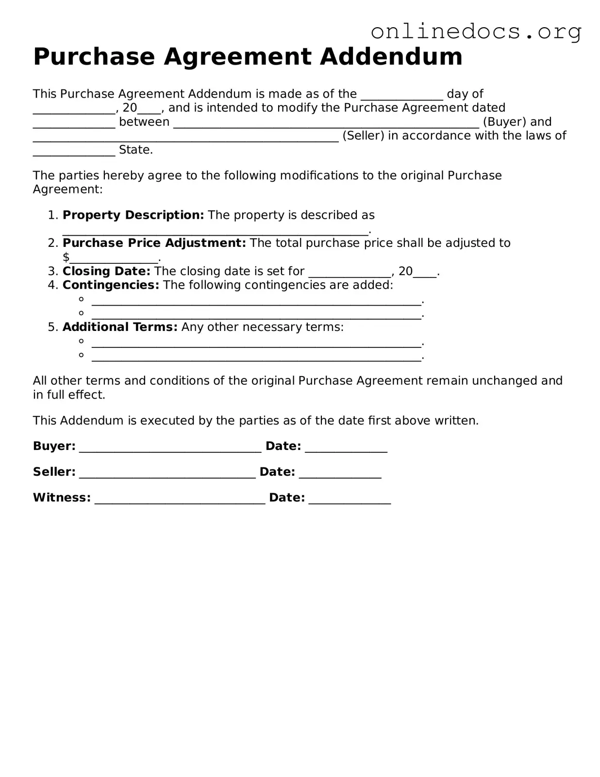 Printable Purchase Agreement Addendum Form