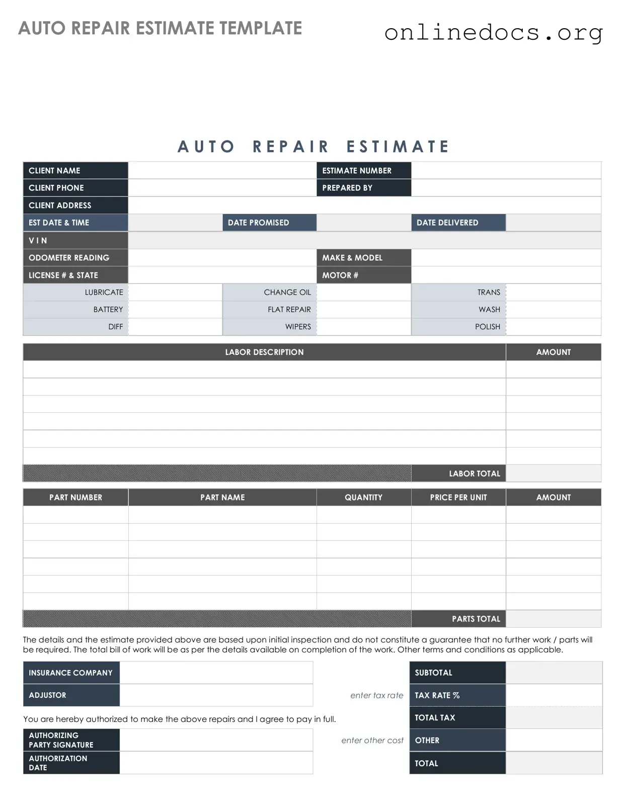 Auto Repair Estimate PDF Form