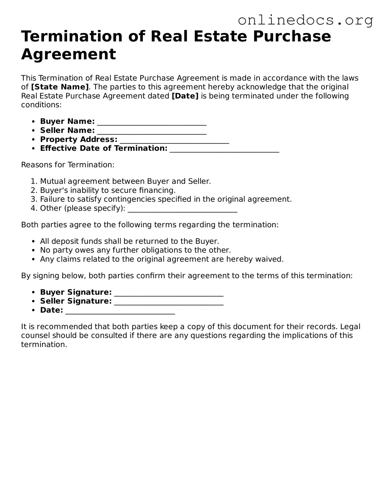 Printable Termination of Real Estate Purchase Agreement Form
