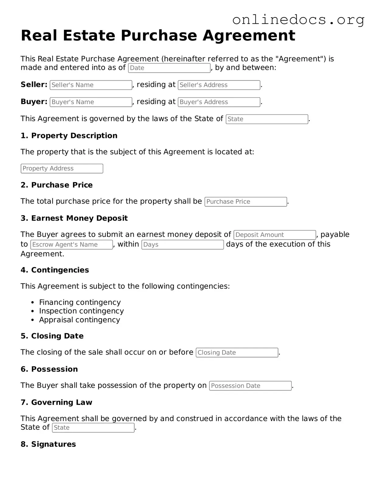 Printable Real Estate Purchase Agreement Form