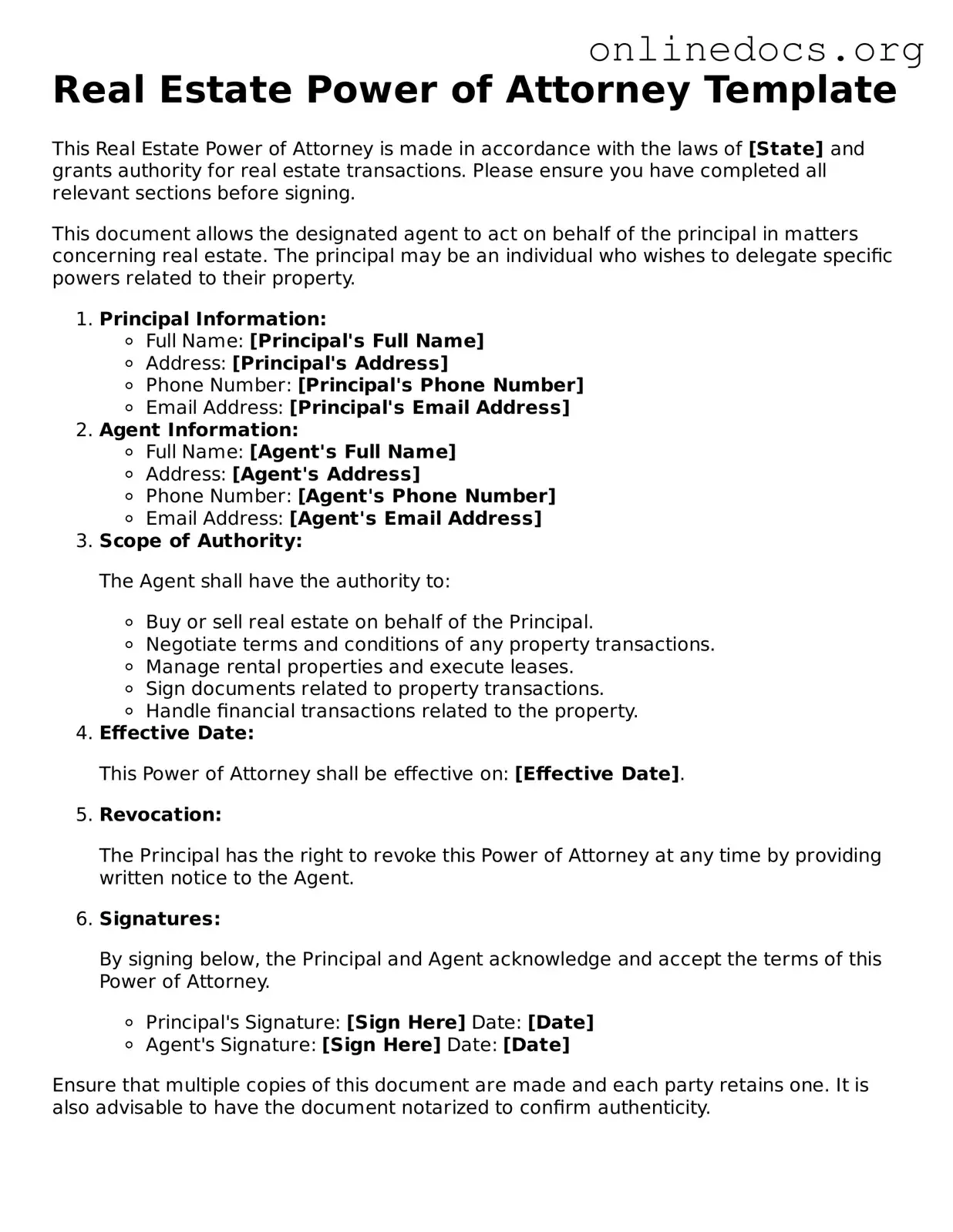 Printable Real Estate Power of Attorney Form