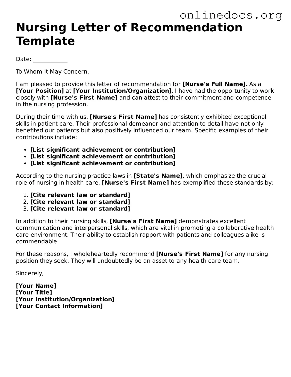 Printable Nursing Letter of Recommendation Form