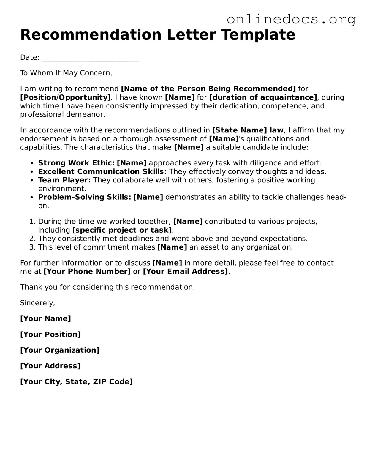 Printable Recommendation Letter Form