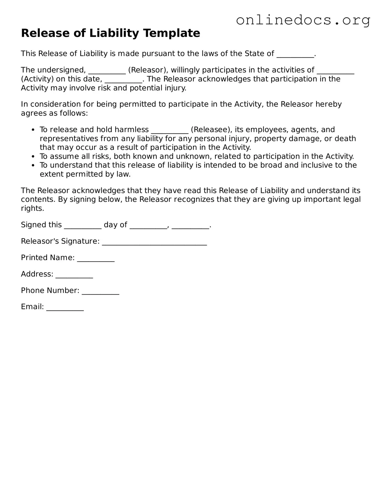 Printable Release of Liability Form