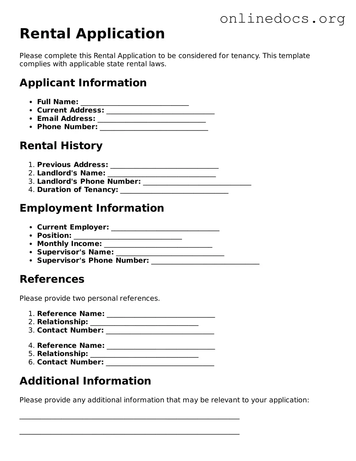 Printable Rental Application Form