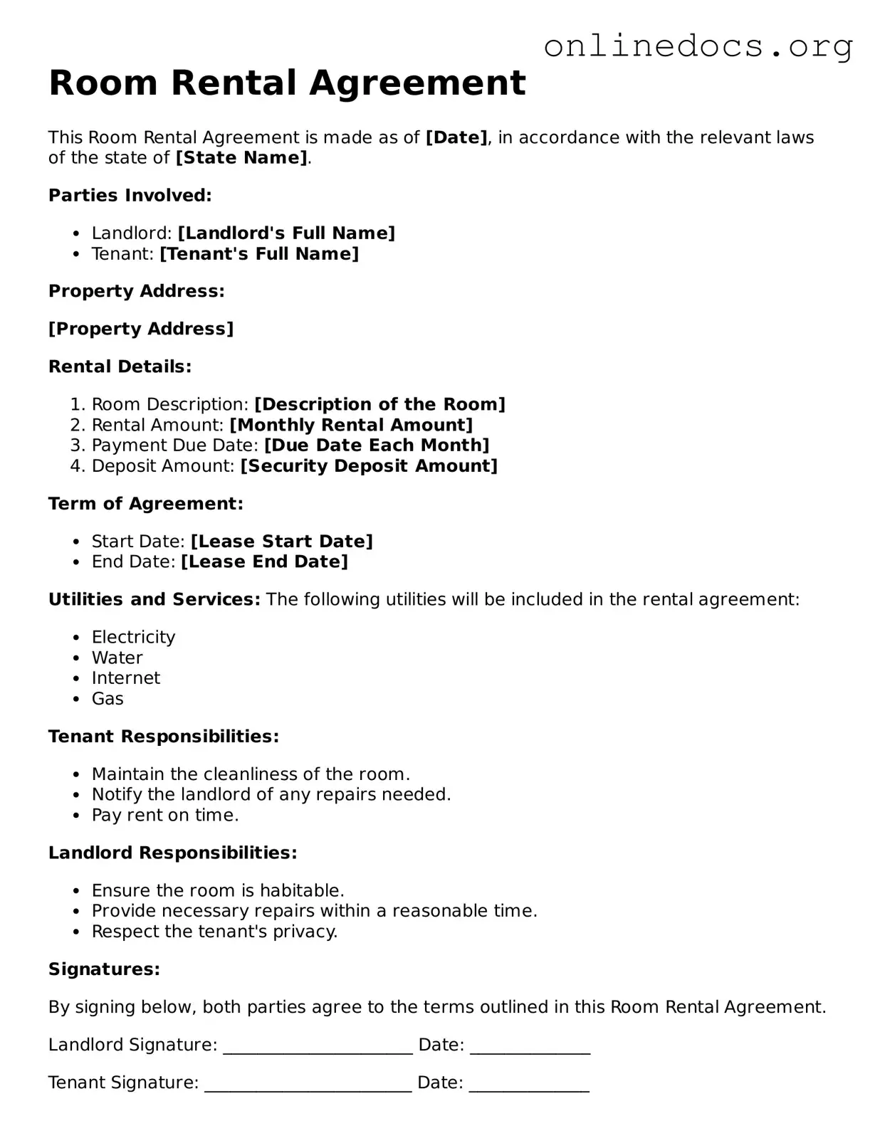 Printable Room Rental Agreement Form