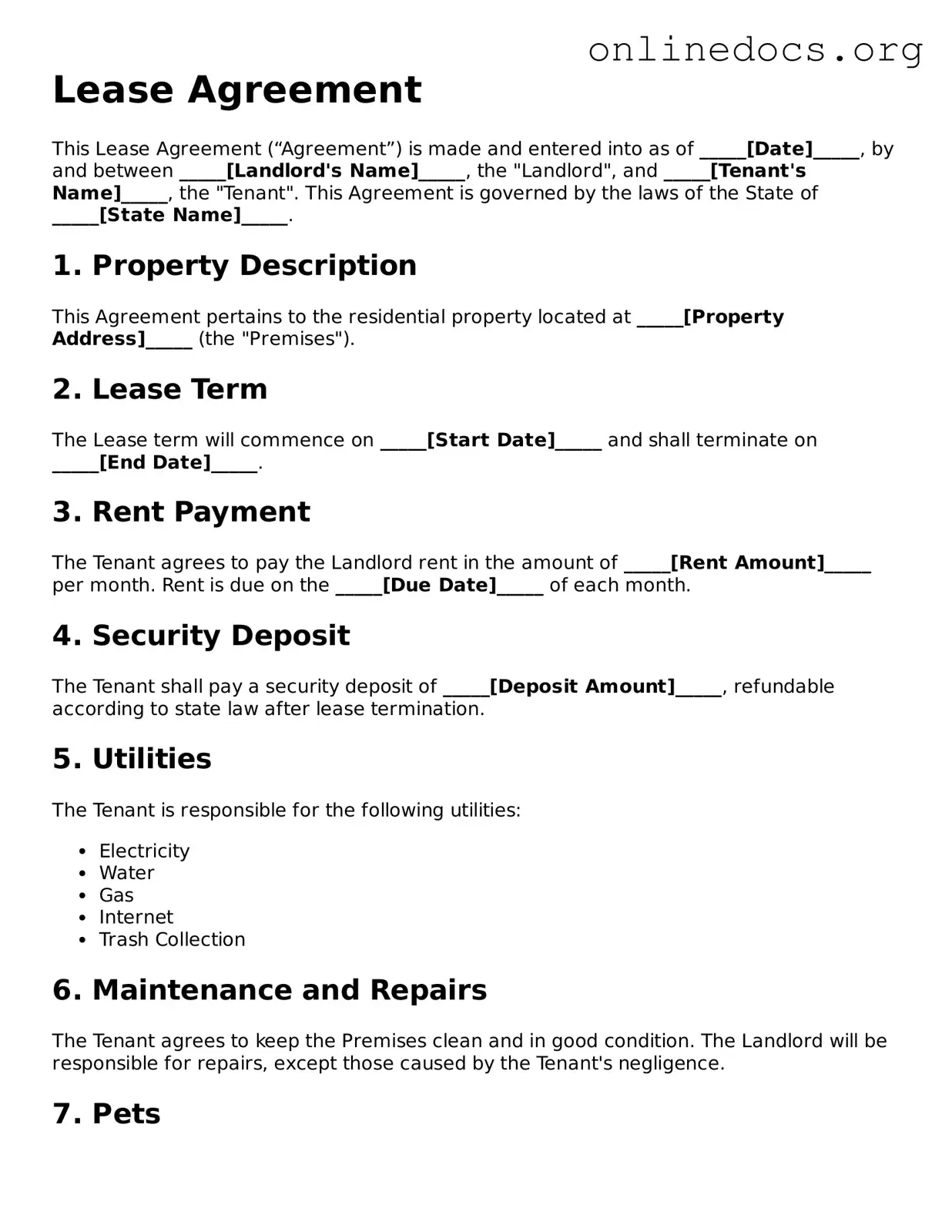 Printable Lease Agreement Form