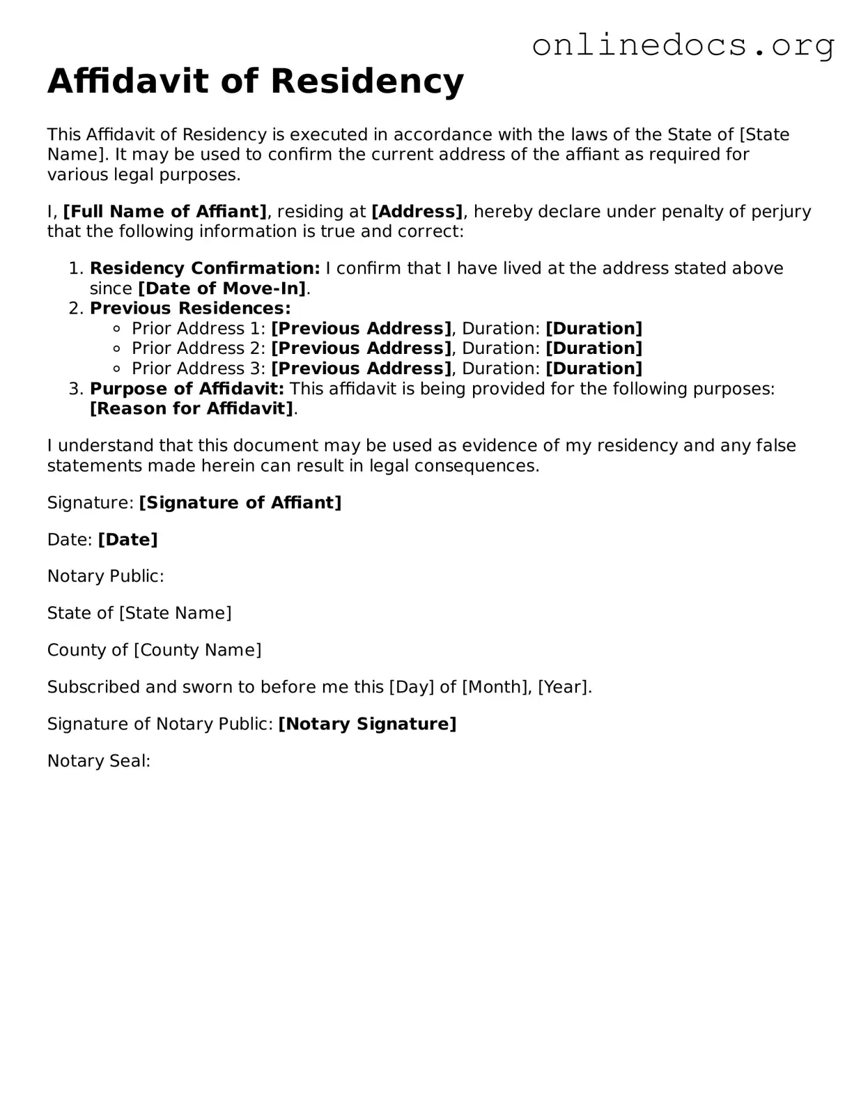 Printable Affidavit of Residency Form