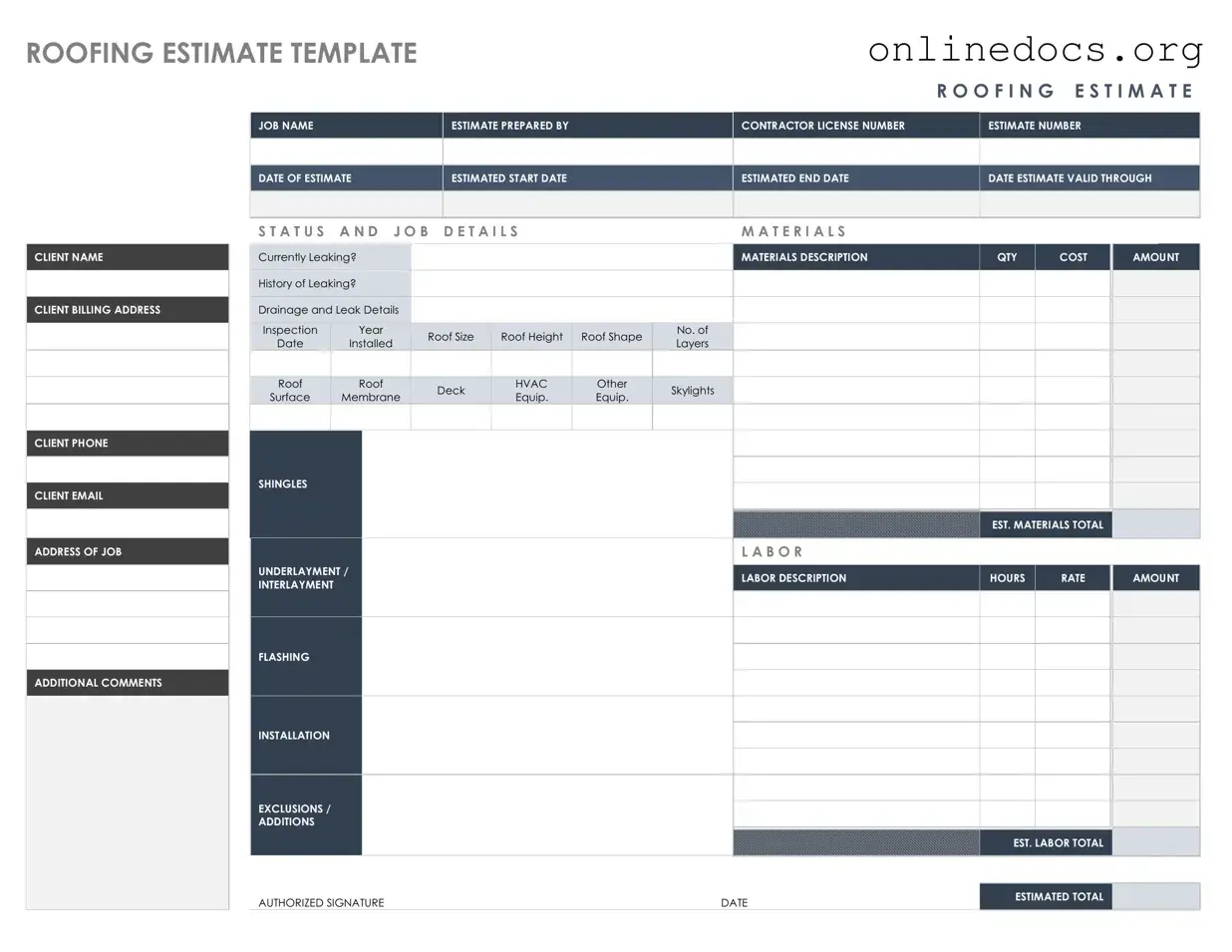 Roofing Estimate PDF Form