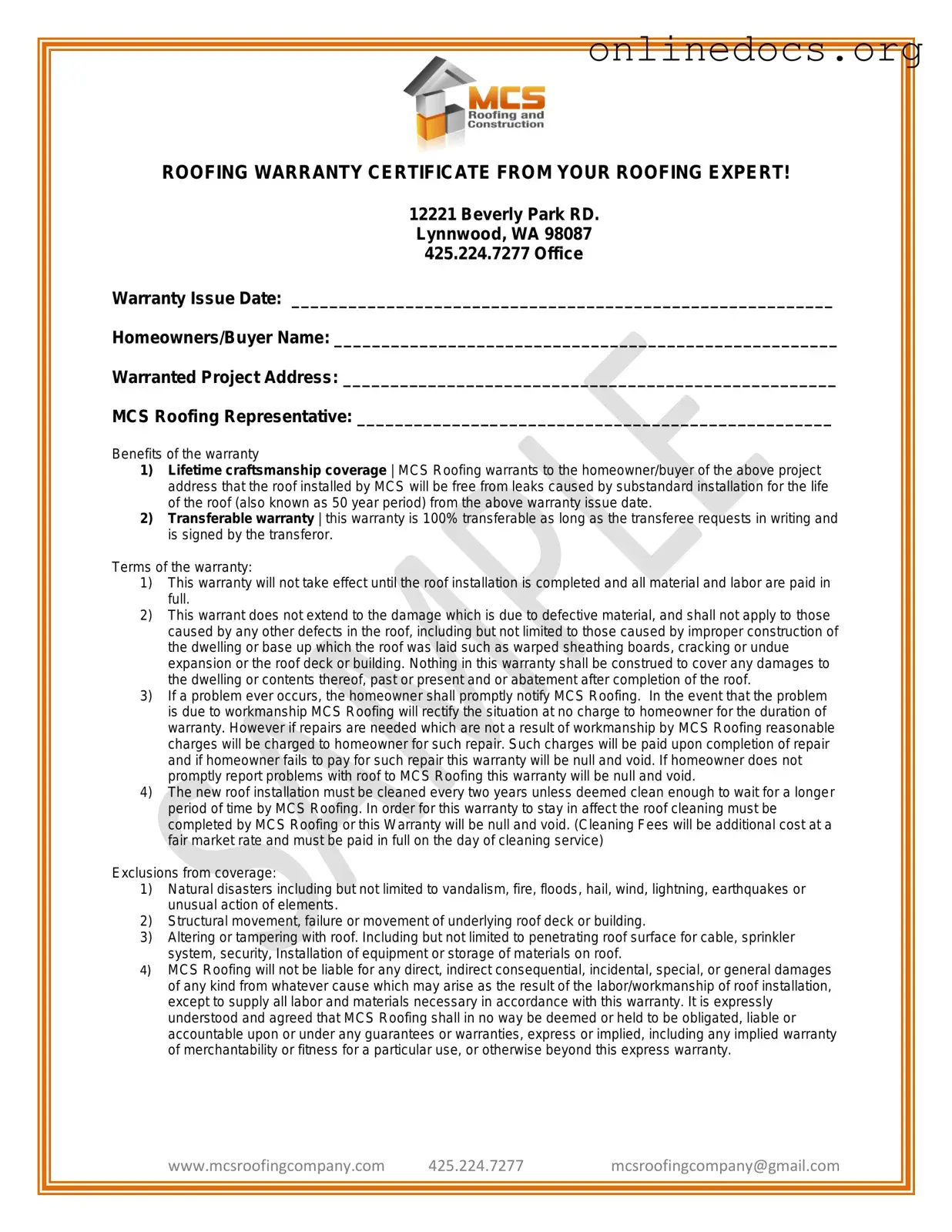 Roofing Warranty Certificate PDF Form