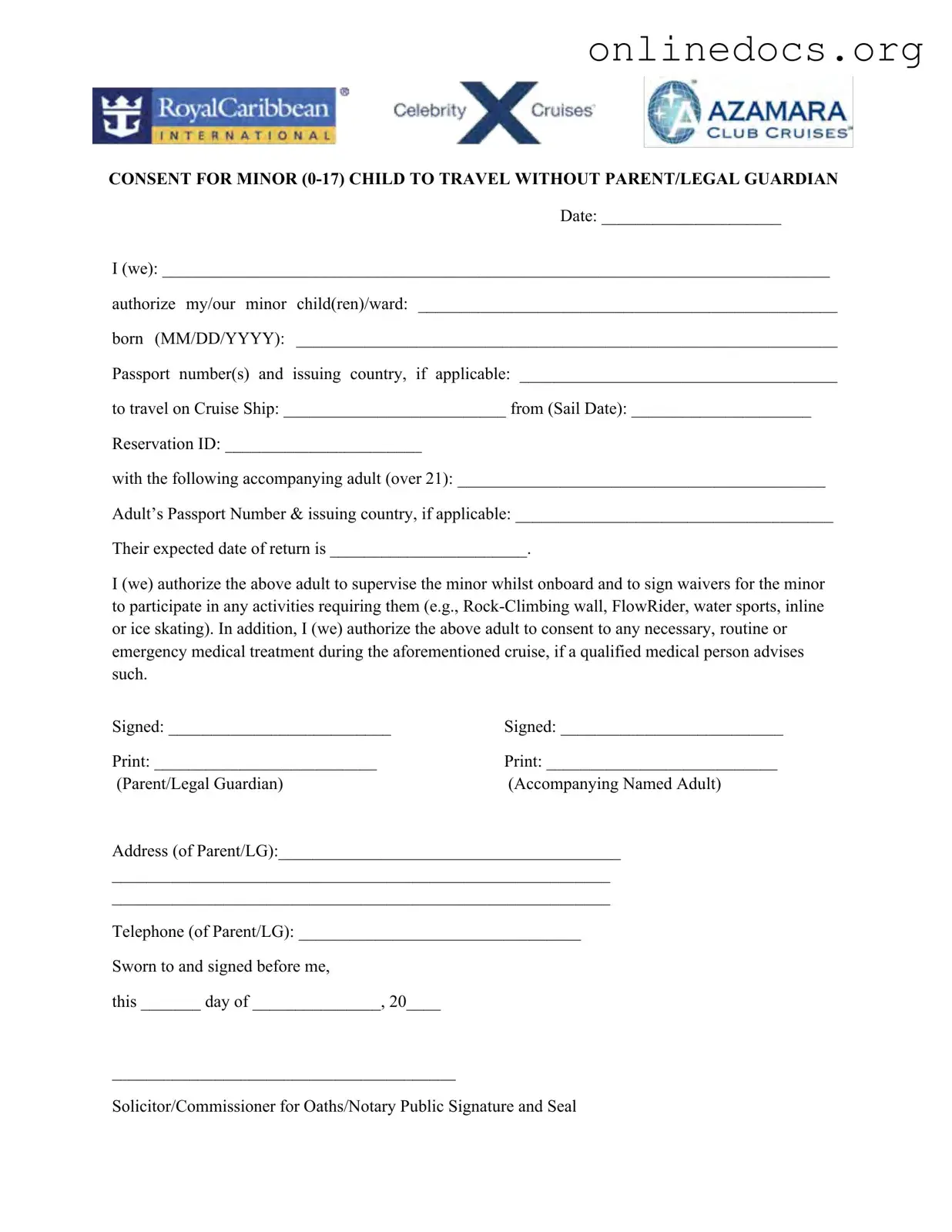 Royal Caribbean Parental Consent PDF Form