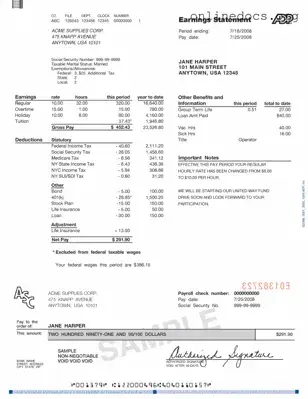Adp Pay Stub PDF Form