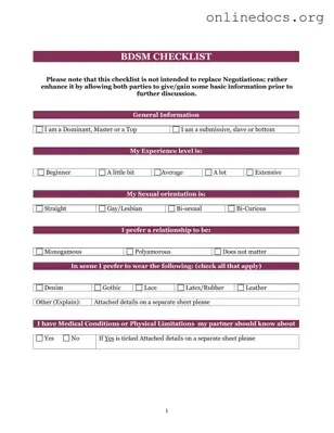 Bdsm Checklist PDF Form