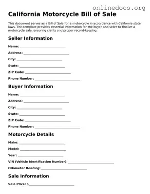 Fillable  Motorcycle Bill of Sale Form for California
