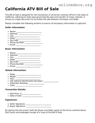 Fillable  ATV Bill of Sale Form for California