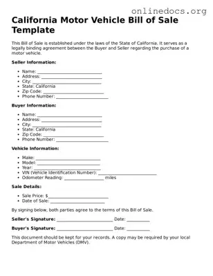 Fillable  Motor Vehicle Bill of Sale Form for California