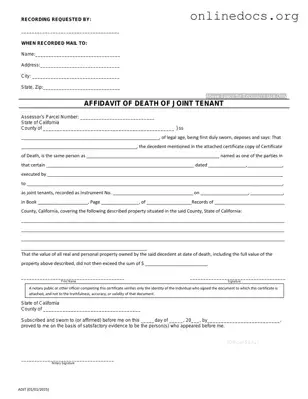 California Death of a Joint Tenant Affidavit PDF Form