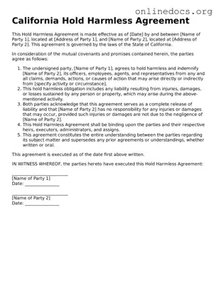 Fillable  Hold Harmless Agreement Form for California