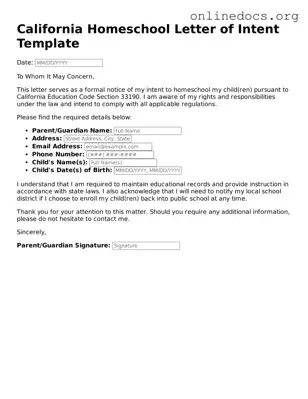 Fillable  Homeschool Letter of Intent Form for California