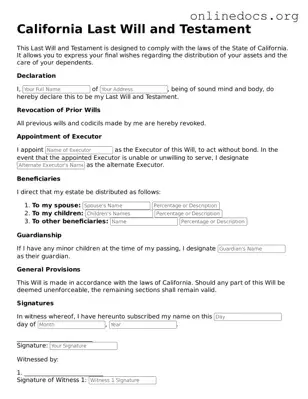 Fillable  Last Will and Testament Form for California