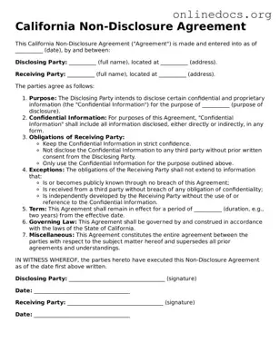 Fillable  Non-disclosure Agreement Form for California