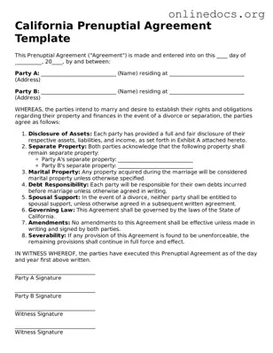 Fillable  Prenuptial Agreement Form for California